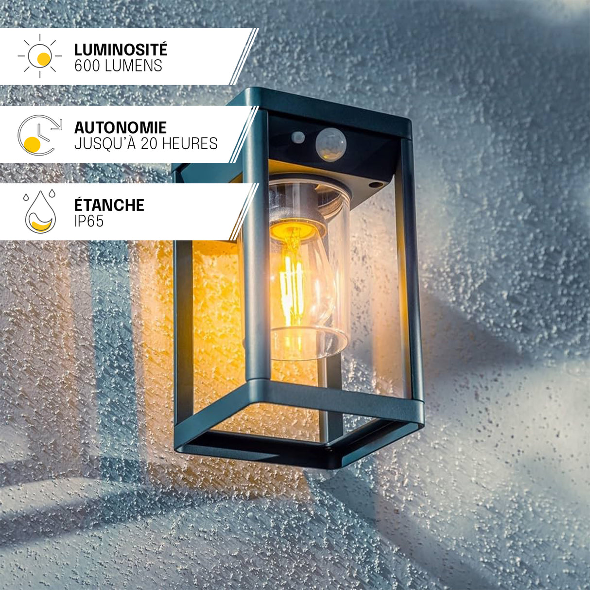 Applique Murale Solaire - IP65, Détection de Mouvement