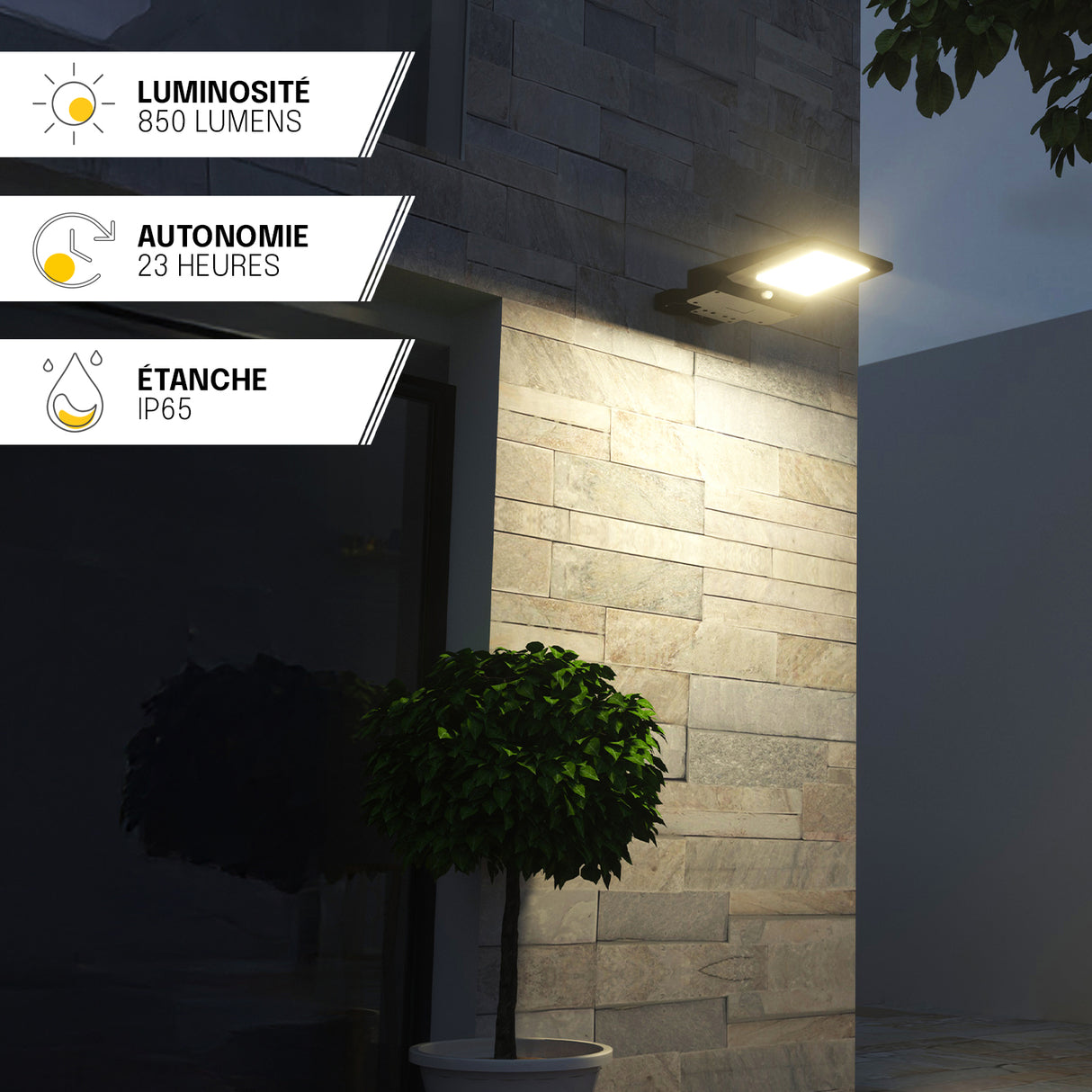 Projecteur Solaire Mural 850LM - IP65, Détection de Mouvement, Installation Murale ou sur Mât