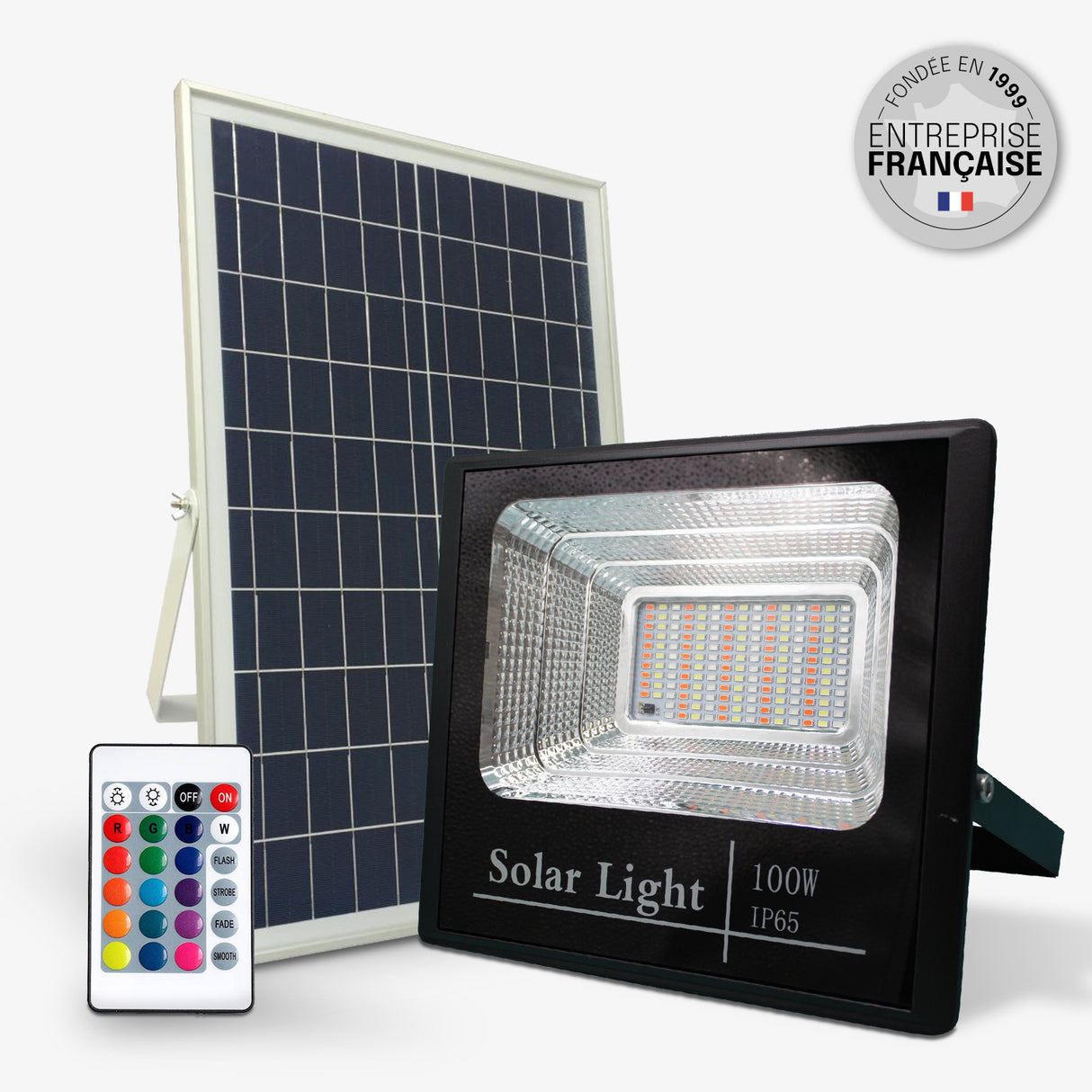 Projecteur Solaire LED – IP65, Éclairage Multicolore RVB, Télécommande