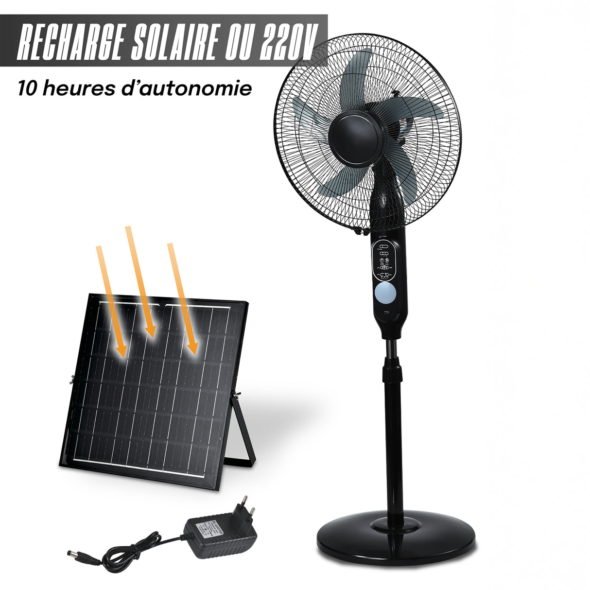 Ventilateur Solaire sur Pied 125 CM - 3 Vitesses, Rechargeable 220V