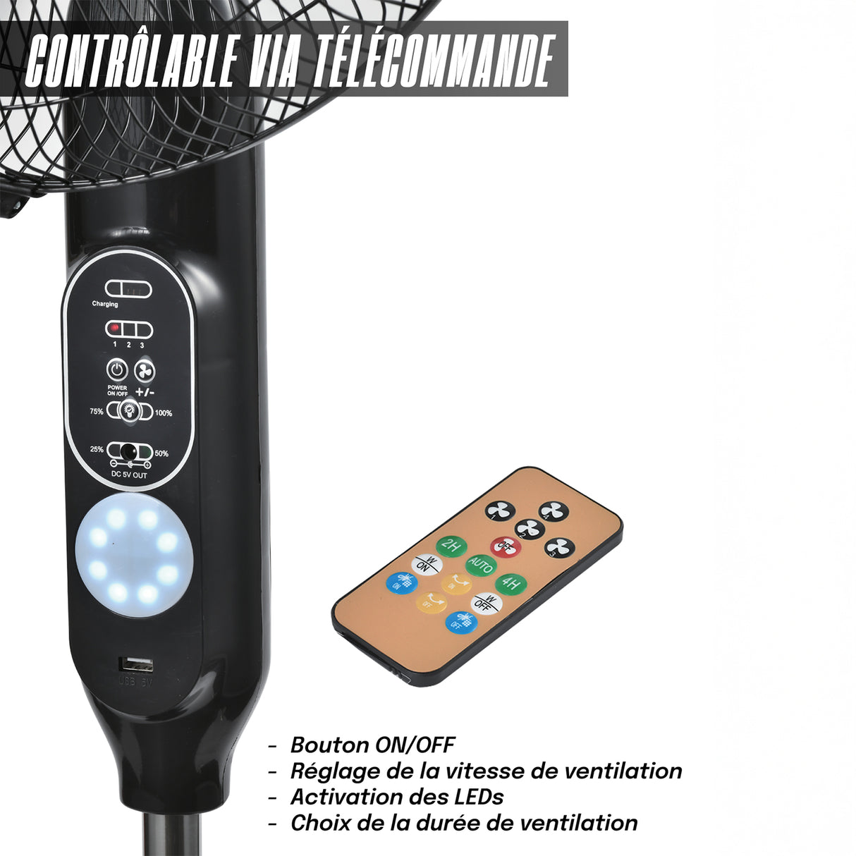 Ventilateur Solaire sur Pied 125 CM - 3 Vitesses, Rechargeable 220V