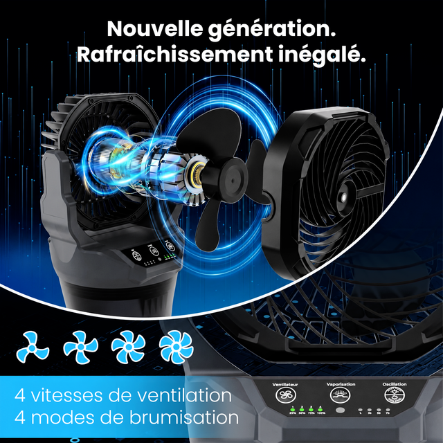 Ventilateur Brumisateur Portable Extérieur Rechargeable Solaire/220V - Réservoir 2L Oscillation Automatique avec Télécommande