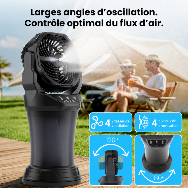 Ventilateur Brumisateur Portable Extérieur Rechargeable Solaire/220V - Réservoir 2L Oscillation Automatique avec Télécommande