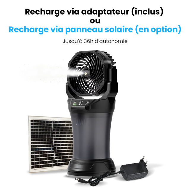 Ventilateur Brumisateur Portable Extérieur Rechargeable Solaire/220V - Réservoir 2L Oscillation Automatique avec Télécommande