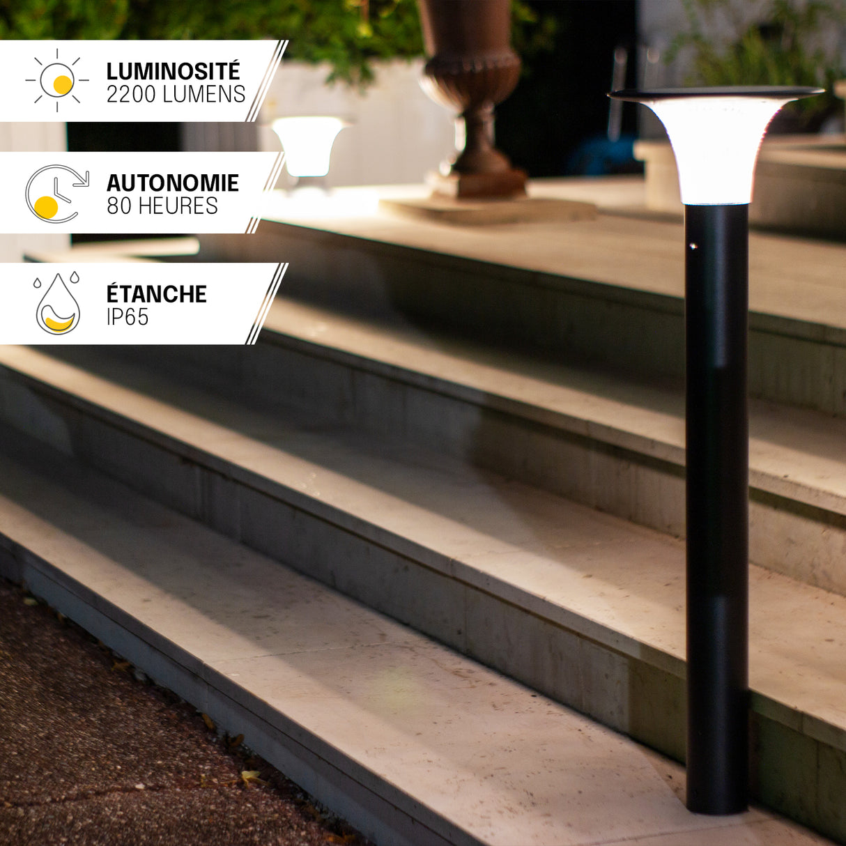 Borne Solaire Extérieur Haute Puissance – IP65, Détection de Mouvement, Batterie Remplaçable