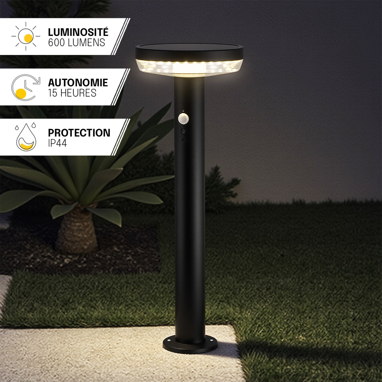 Borne Exterieur Solaire – IP44, Détection de Mouvement