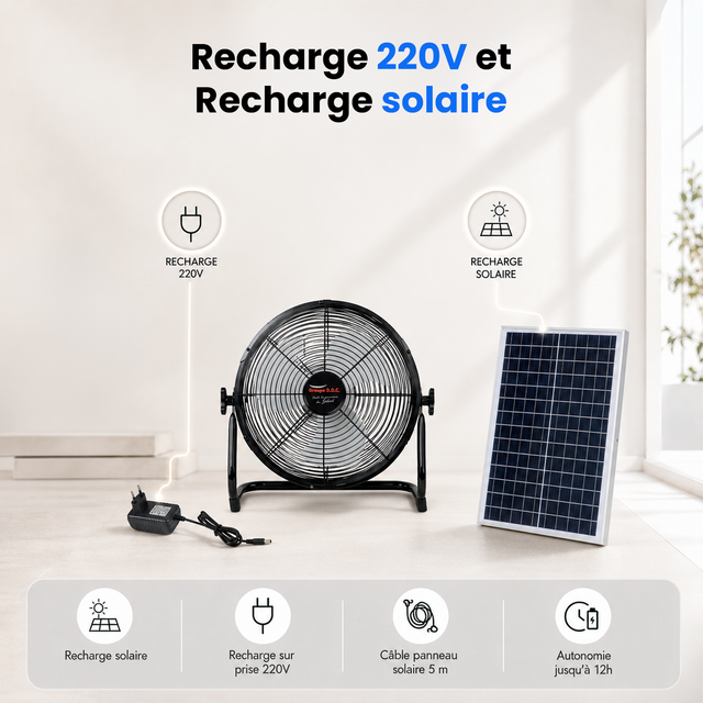 Ventilateur Solaire Haute Autonomie - 3 Vitesses, Rechargeable 220V