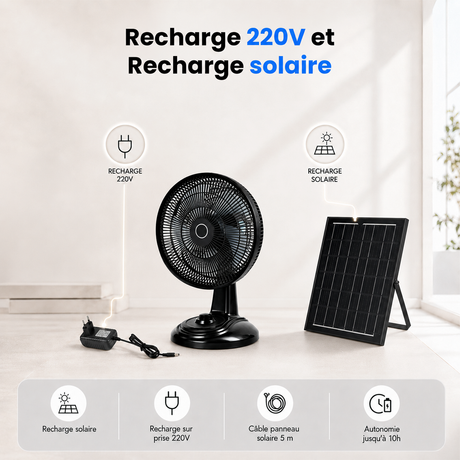 Ventilateur Solaire de Table - 3 Vitesses, Rechargeable 220V