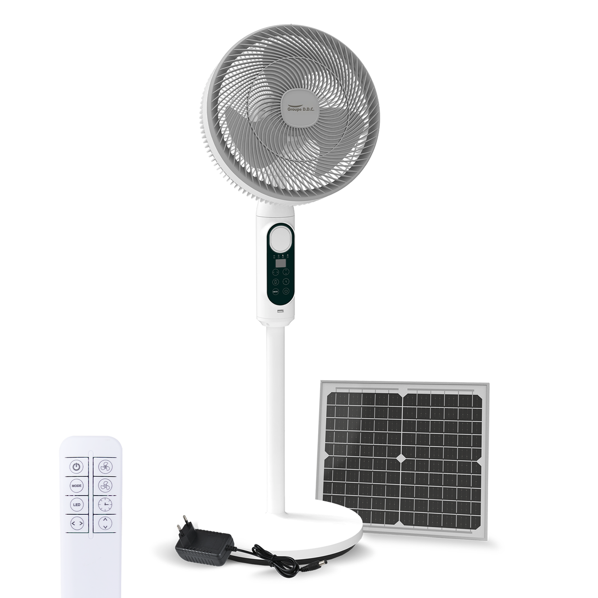 Ventilateur sur Pied Silencieux Rechargeable Solaire/220V, Double Oscillation avec Télécommande
