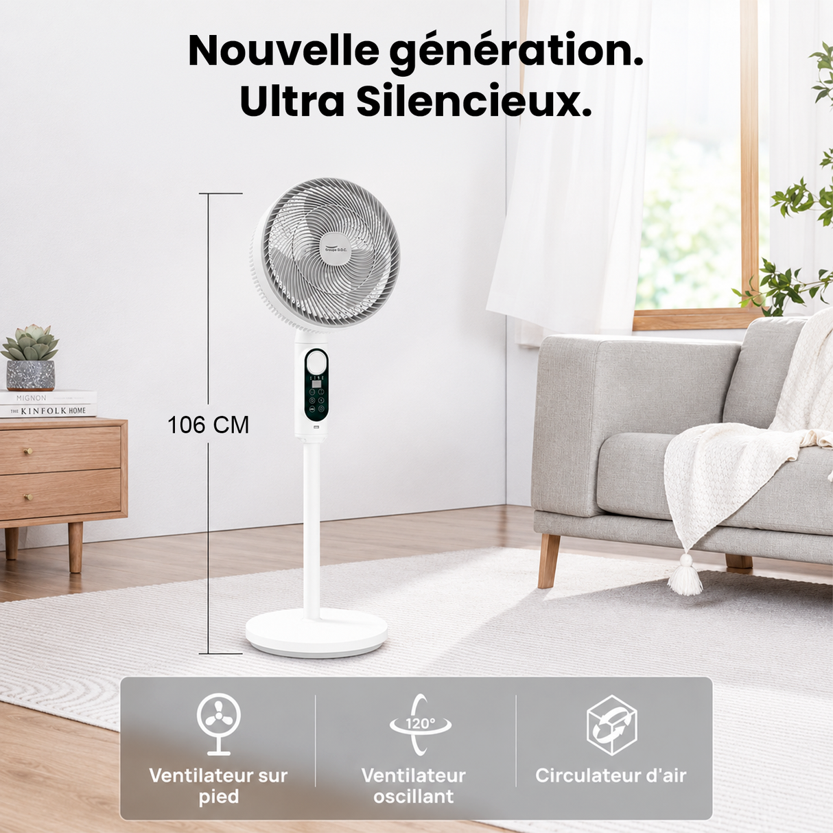 Ventilateur sur Pied Silencieux Rechargeable Solaire/220V, Double Oscillation avec Télécommande
