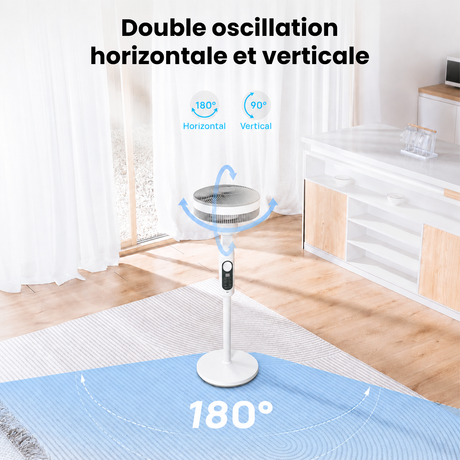 Ventilateur sur Pied Silencieux Rechargeable Solaire/220V, Double Oscillation avec Télécommande