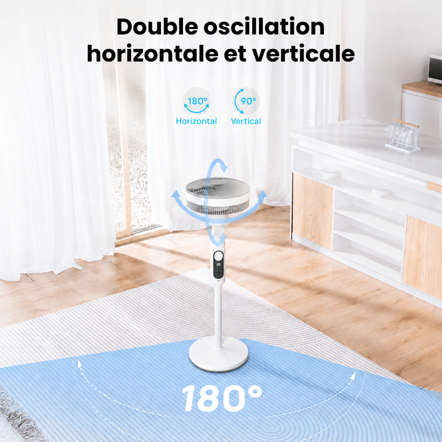Ventilateur sur Pied Silencieux Rechargeable Solaire/220V, Double Oscillation avec Télécommande