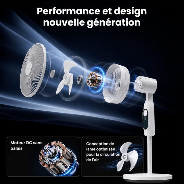 Ventilateur sur Pied Silencieux Rechargeable Solaire/220V, Double Oscillation avec Télécommande