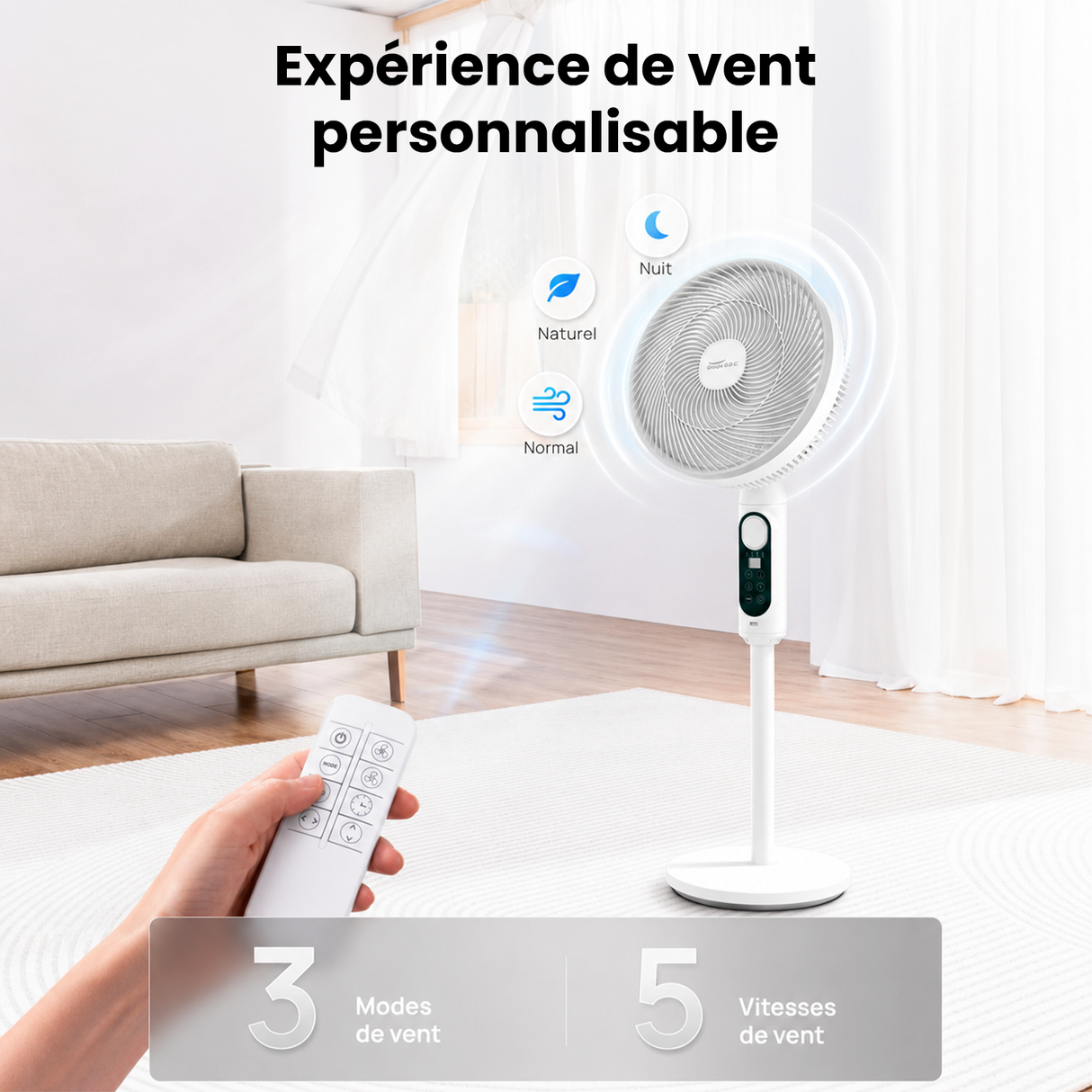 Ventilateur sur Pied Silencieux Rechargeable Solaire/220V, Double Oscillation avec Télécommande