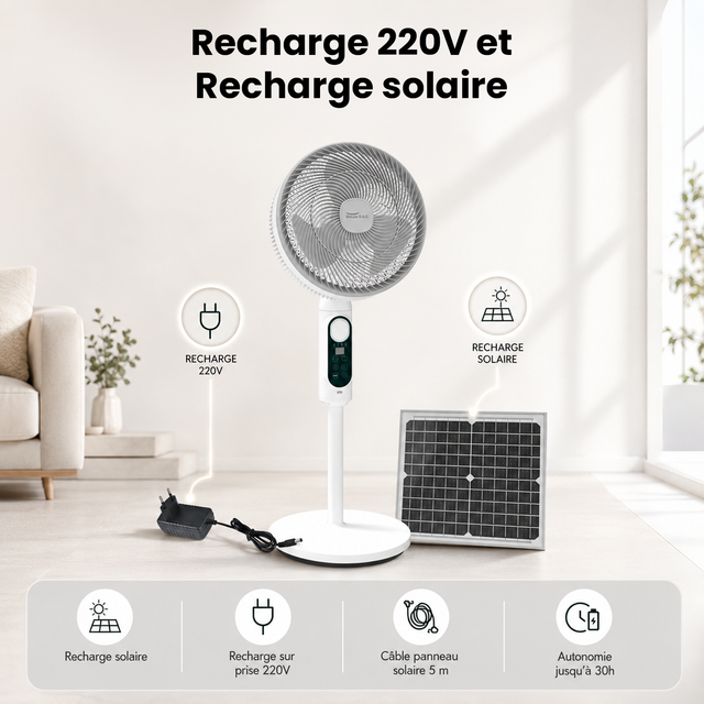 Ventilateur sur Pied Silencieux Rechargeable Solaire/220V, Double Oscillation avec Télécommande